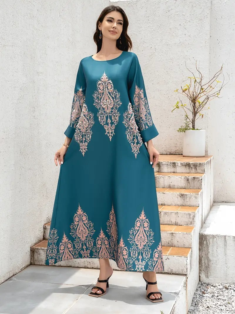 Ladies Middle East Abaya Dress, Flower Printed Long Robe, Islamic Clothing, Modest Dress