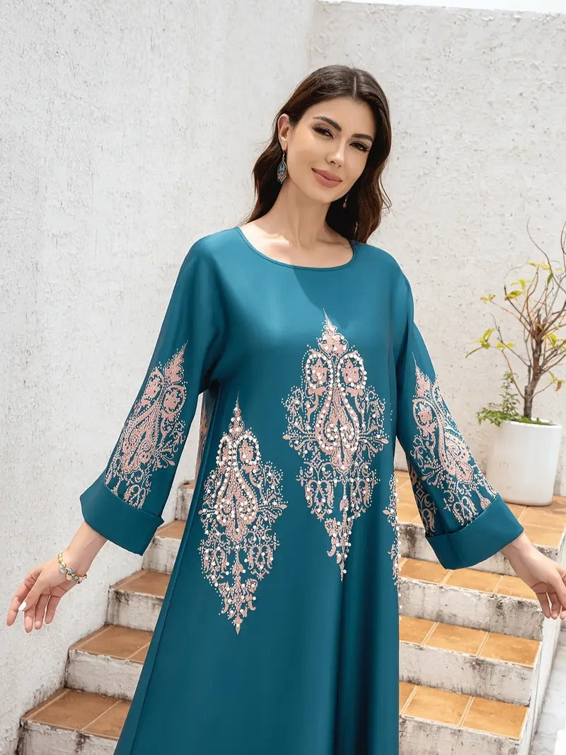 Ladies Middle East Abaya Dress, Flower Printed Long Robe, Islamic Clothing, Modest Dress