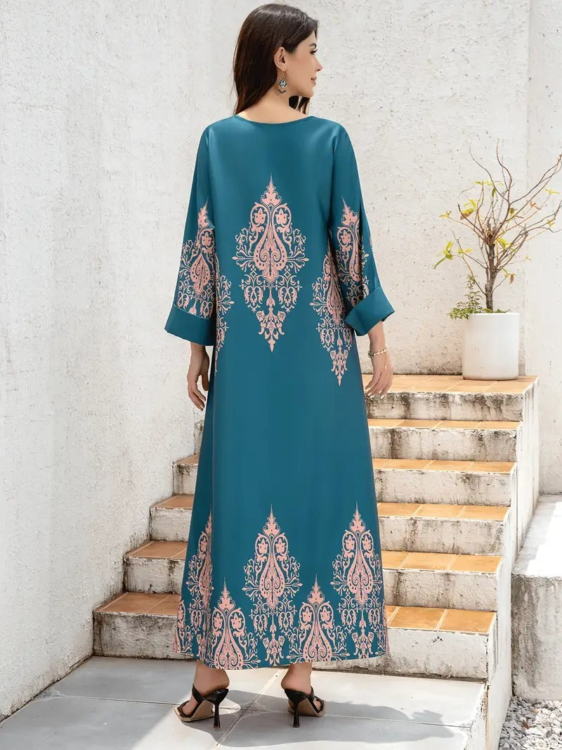 Ladies Middle East Abaya Dress, Flower Printed Long Robe, Islamic Clothing, Modest Dress