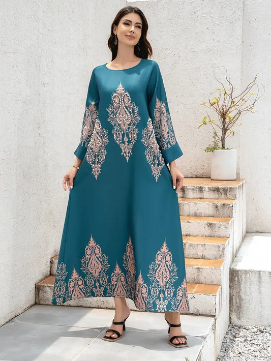 Ladies Middle East Abaya Dress, Flower Printed Long Robe, Islamic Clothing, Modest Dress