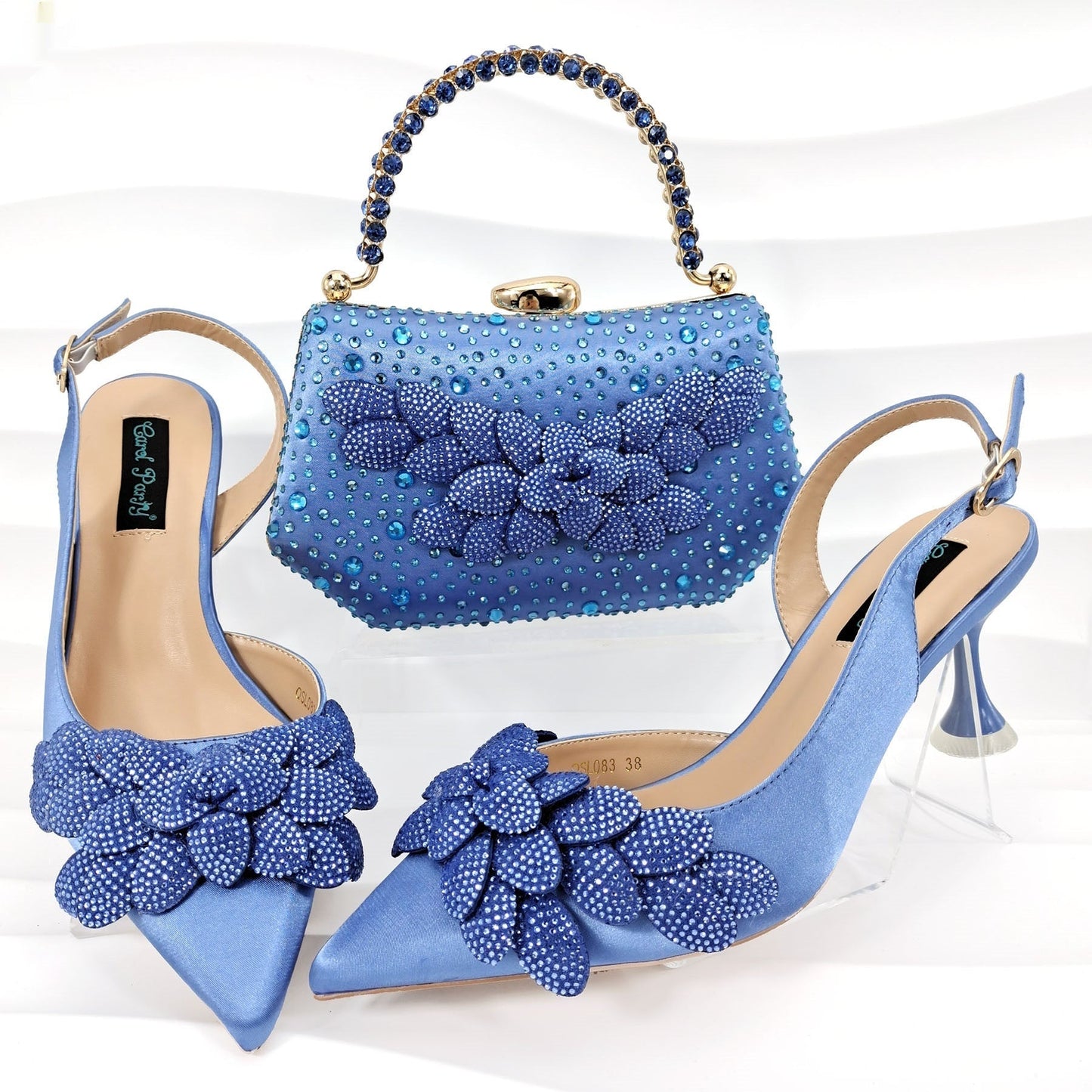 Ladies' Party Shoes & Bag Set, Handmade Leaf Decorative Wine Glass Heel