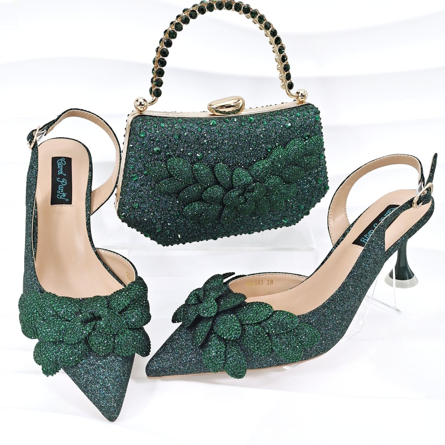 Ladies' Party Shoes & Bag Set, Handmade Leaf Decorative Wine Glass Heel