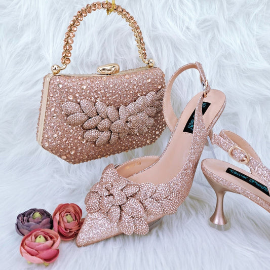 Ladies' Party Shoes & Bag Set, Handmade Leaf Decorative Wine Glass Heel