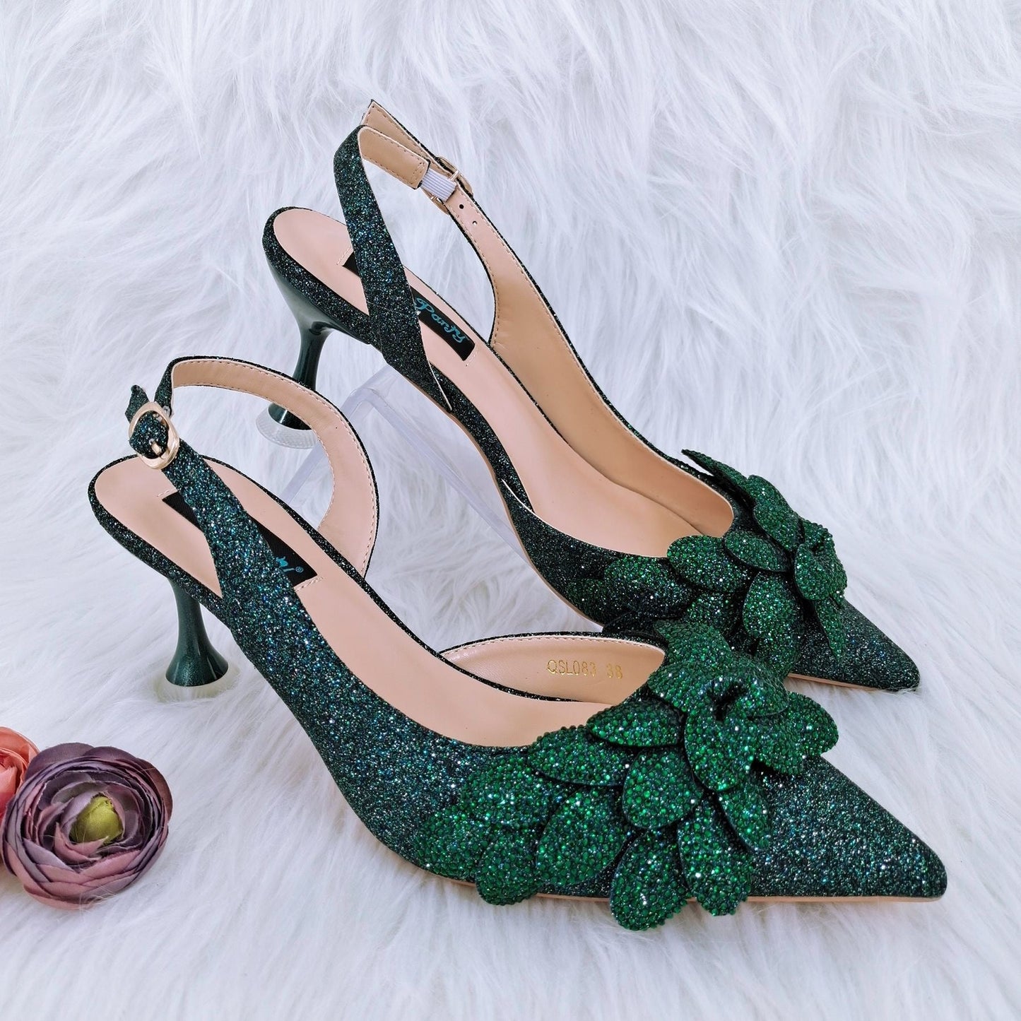 Ladies' Party Shoes & Bag Set, Handmade Leaf Decorative Wine Glass Heel