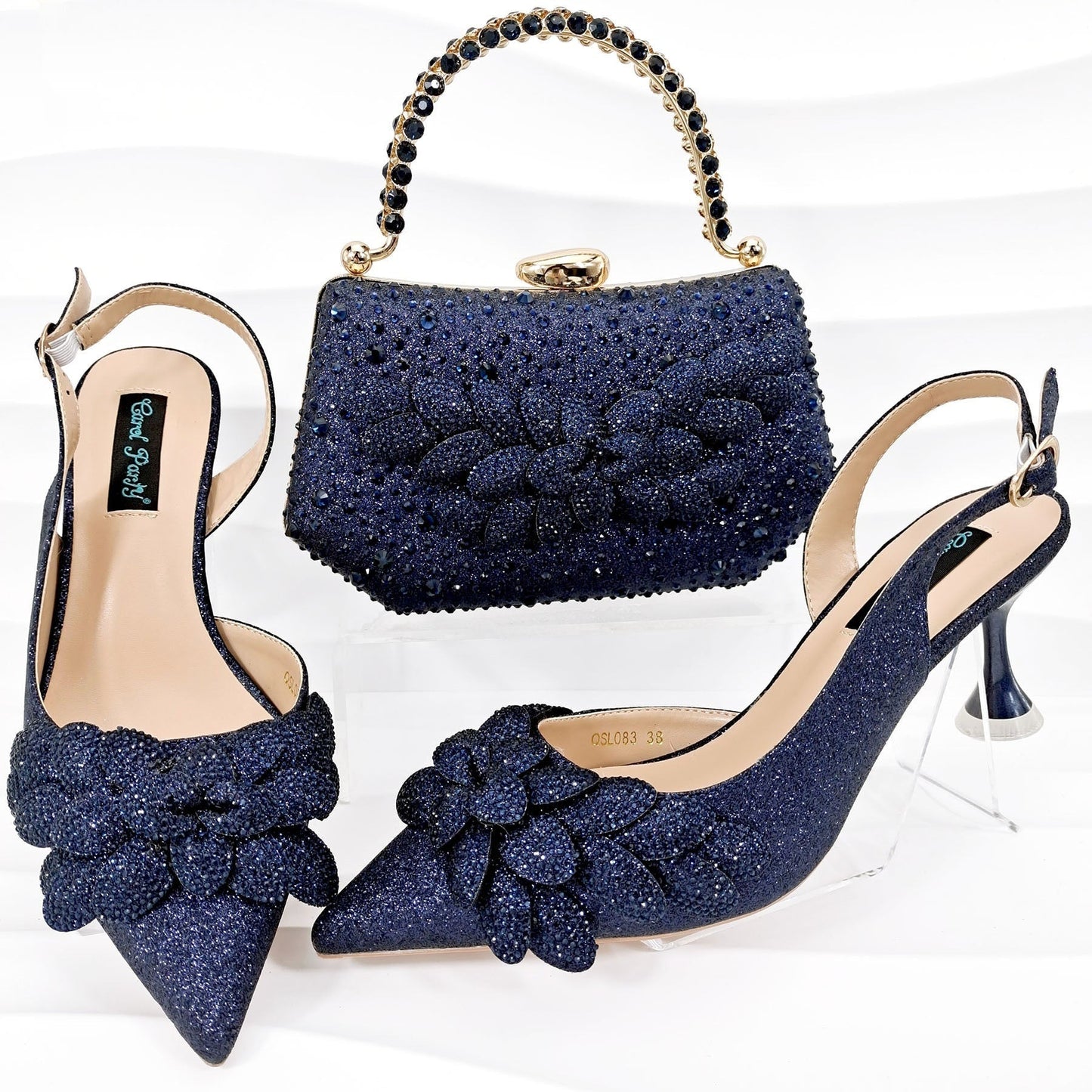 Ladies' Party Shoes & Bag Set, Handmade Leaf Decorative Wine Glass Heel