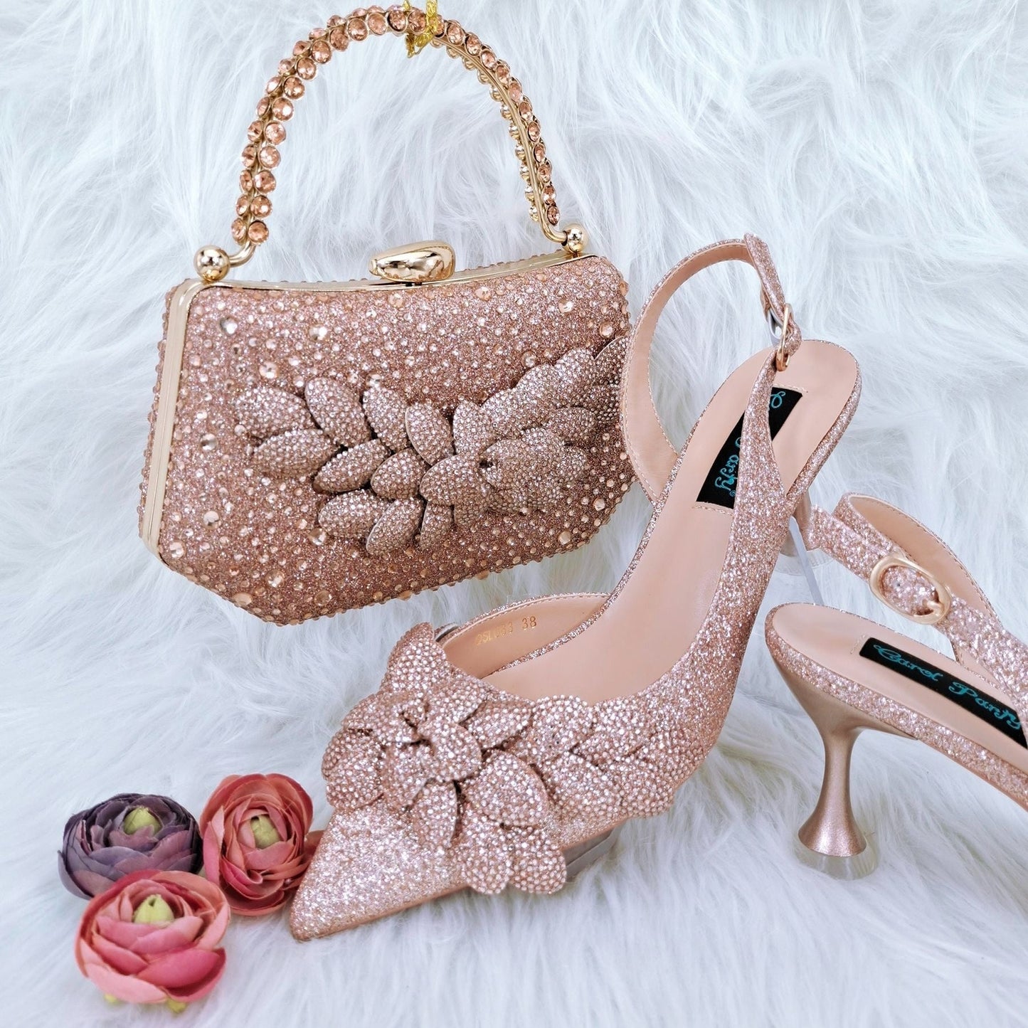 Ladies' Party Shoes & Bag Set, Handmade Leaf Decorative Wine Glass Heel