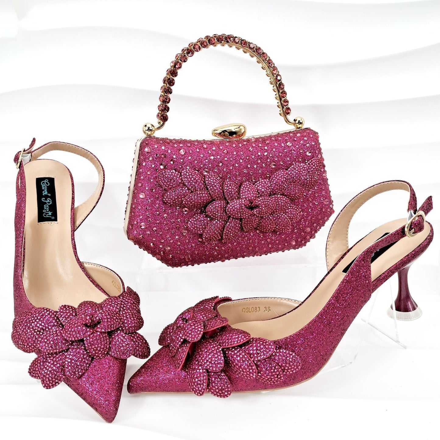 Ladies' Party Shoes & Bag Set, Handmade Leaf Decorative Wine Glass Heel