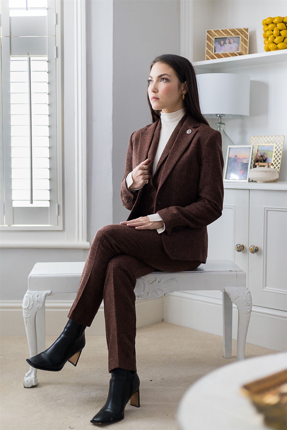 WS-12 - Women's Tweed Suit Blazer Trousers Waistcoat Herringbone Wool Rust Brown