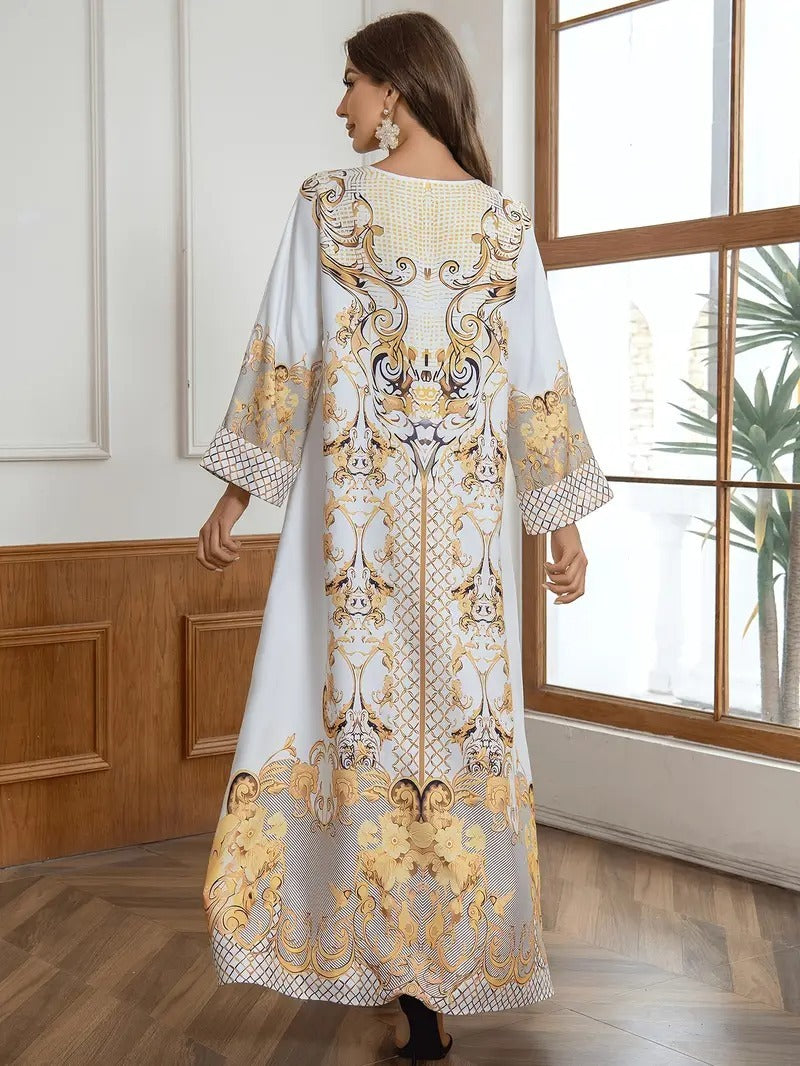 Round Neck Rhinestone Decorative Print Long Abaya Dress