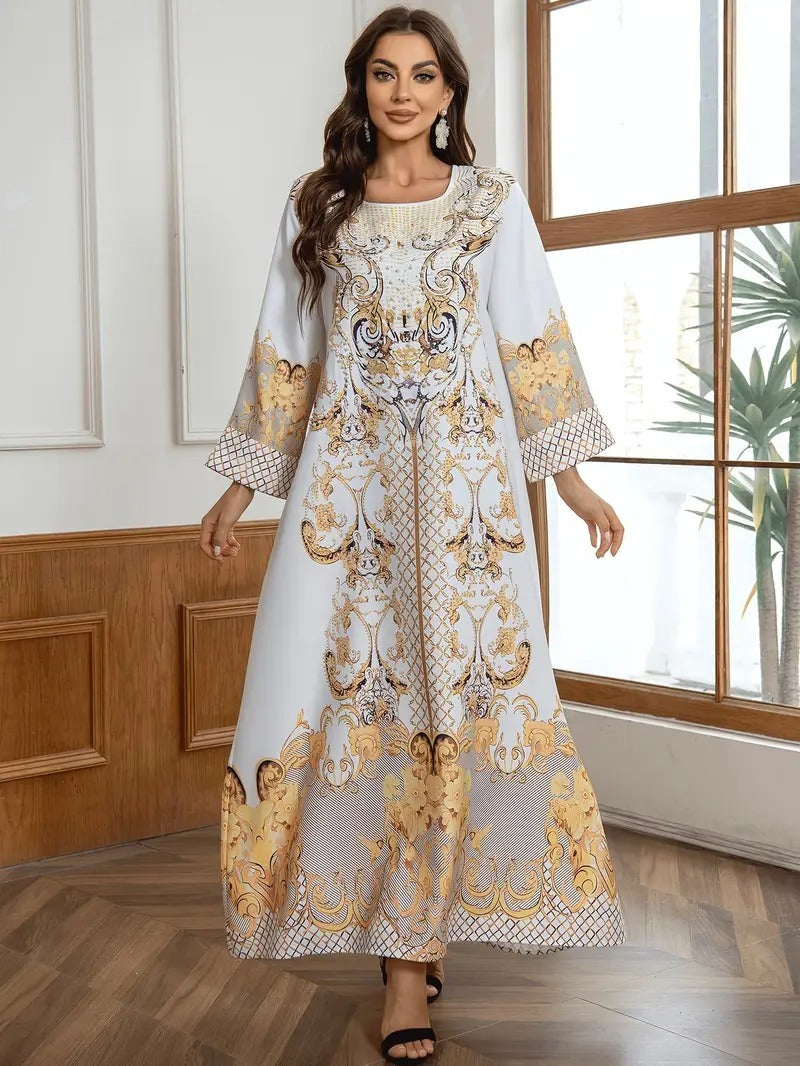 Round Neck Rhinestone Decorative Print Long Abaya Dress