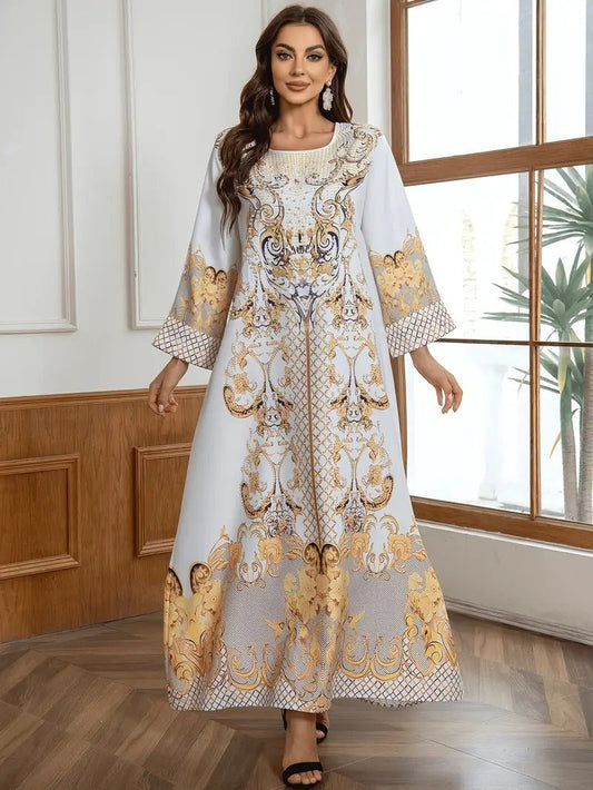 Round Neck Rhinestone Decorative Print Long Abaya Dress