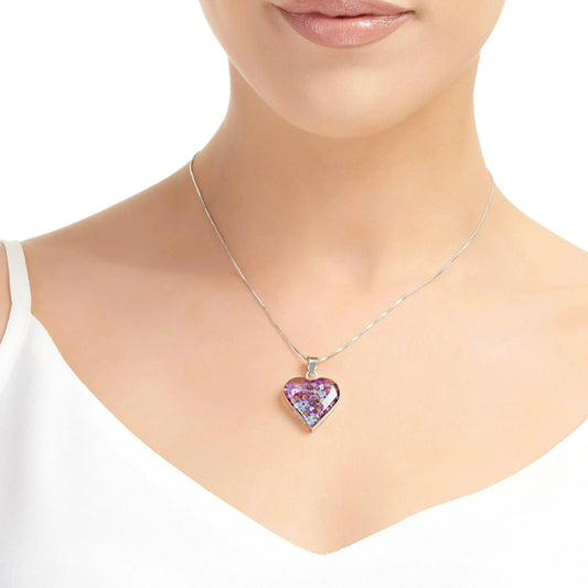 Sterling Silver Heart Pendant with tiny purple flowers - Purple Haze