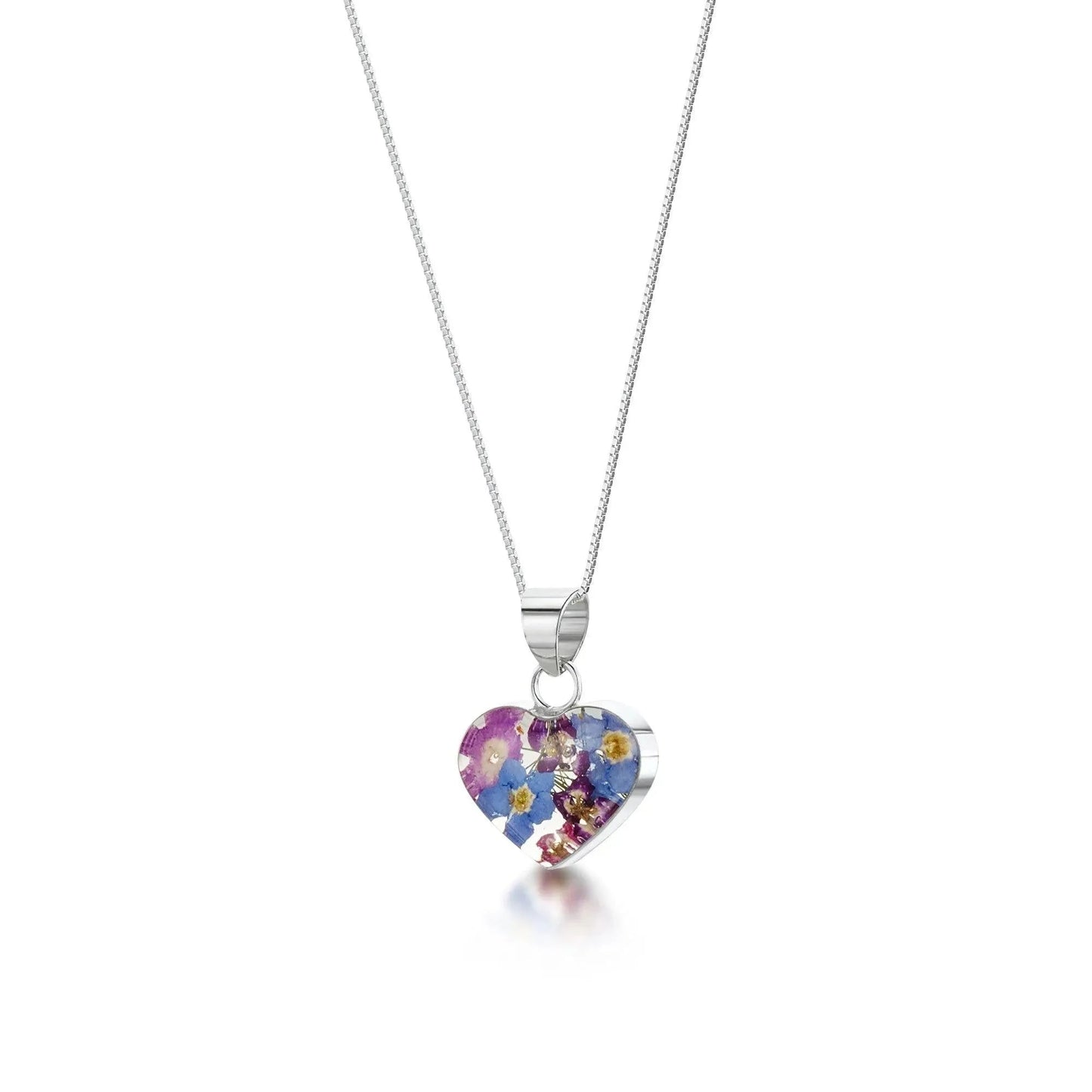 Sterling Silver Heart Pendant with Real Flowers | Tiny Purple Verbena & Forget-me-nots