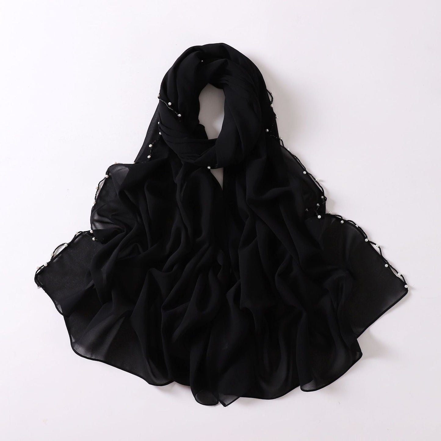 Solid Colour Pearl Chiffon Scarf,  Wavy Edge Beaded Scarf, Ethnic Scarf