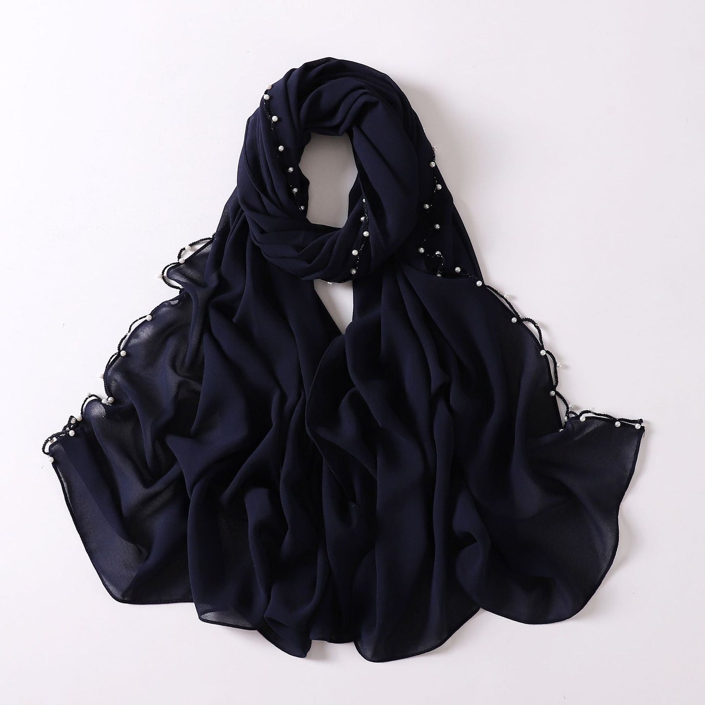 Solid Colour Pearl Chiffon Scarf,  Wavy Edge Beaded Scarf, Ethnic Scarf