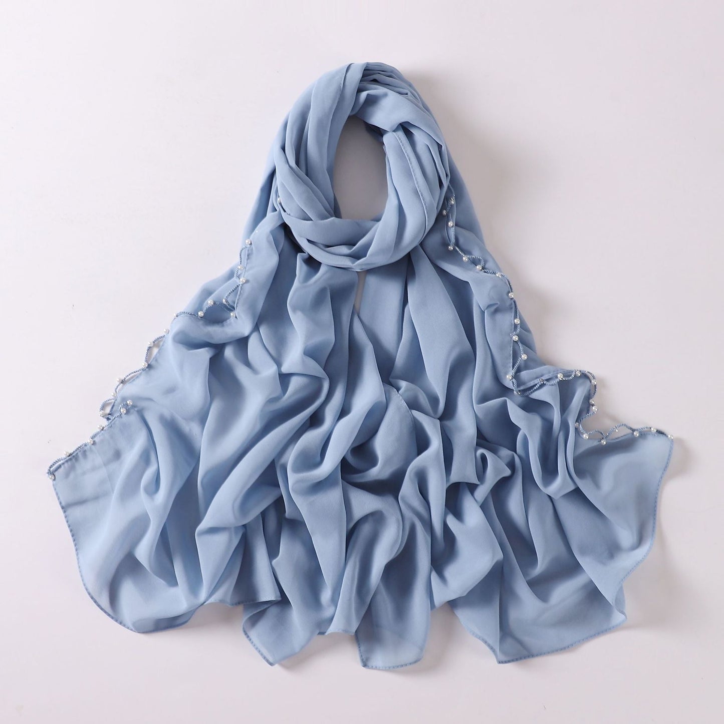 Solid Colour Pearl Chiffon Scarf,  Wavy Edge Beaded Scarf, Ethnic Scarf