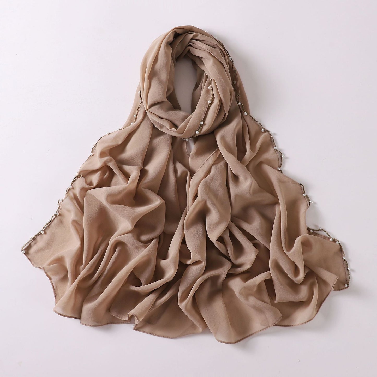 Solid Colour Pearl Chiffon Scarf,  Wavy Edge Beaded Scarf, Ethnic Scarf