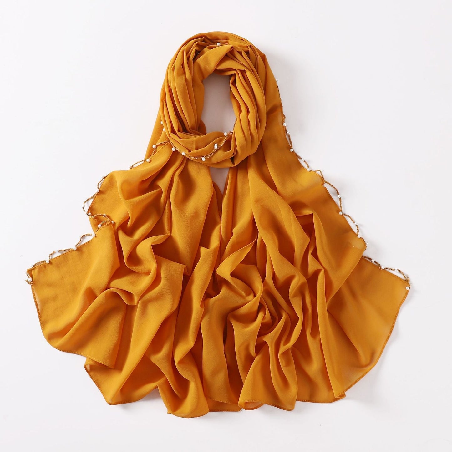 Solid Colour Pearl Chiffon Scarf,  Wavy Edge Beaded Scarf, Ethnic Scarf