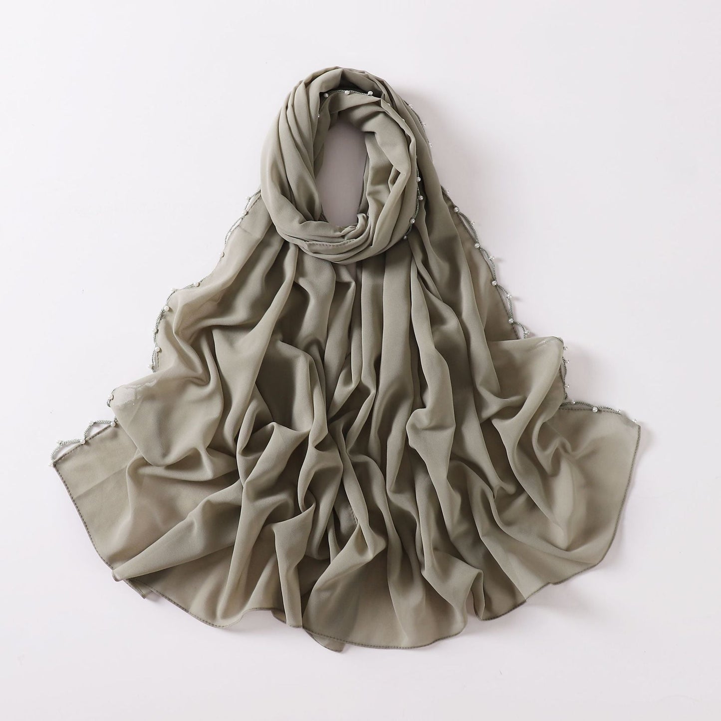 Solid Colour Pearl Chiffon Scarf,  Wavy Edge Beaded Scarf, Ethnic Scarf